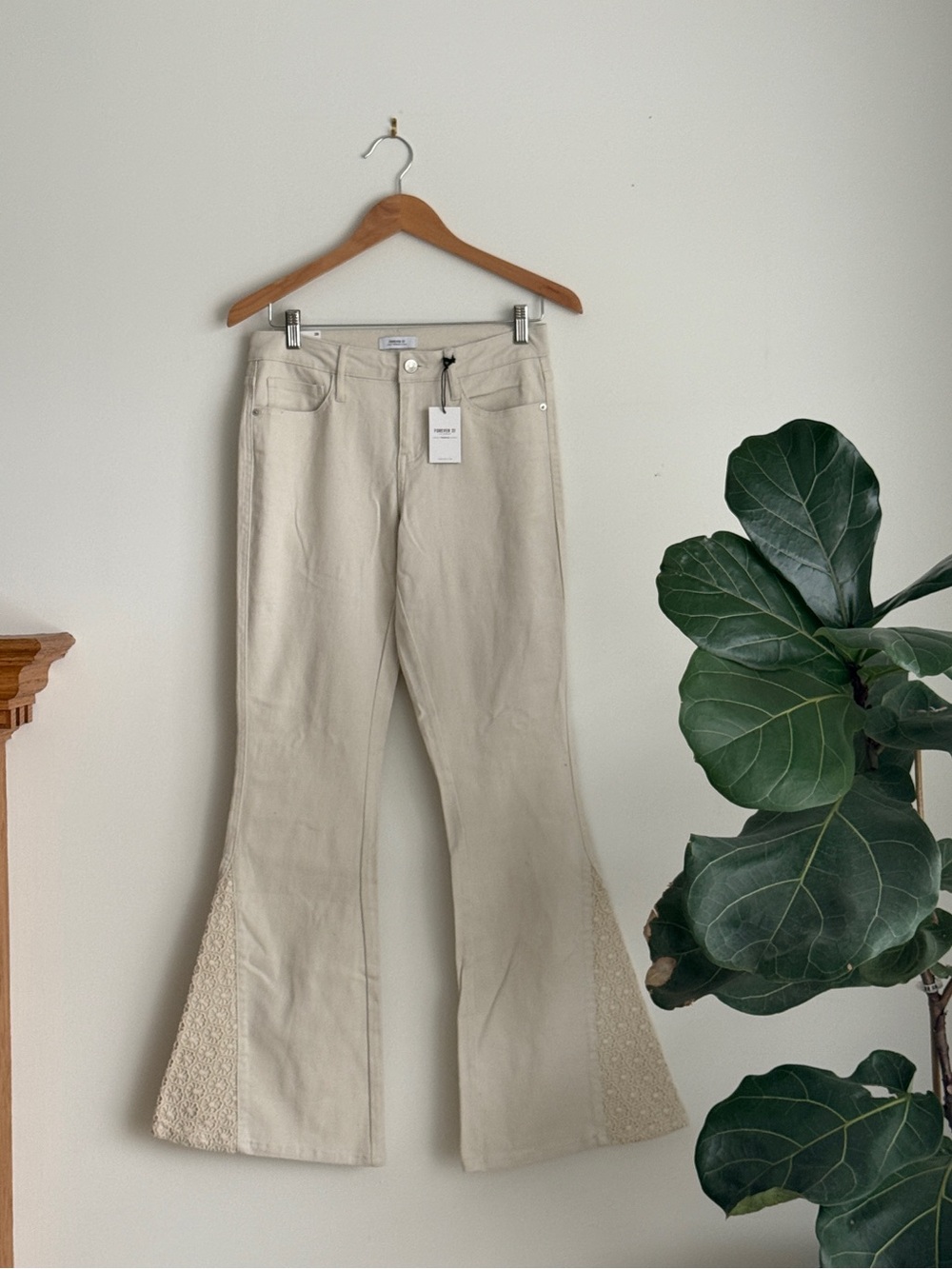 Forever 21 Cream Lace-Inset Flared Jeans